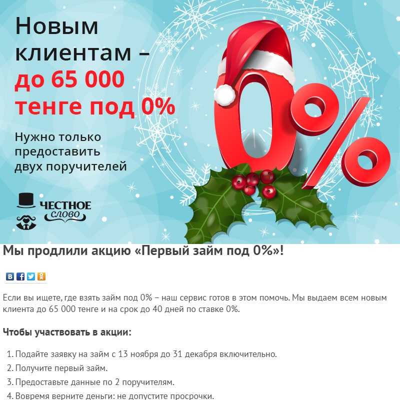 Продлена акция с 0% на первый заём для новых клиентов честного слова