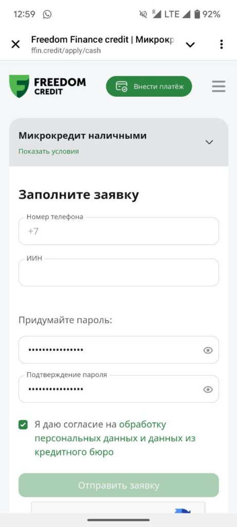 заполнение заявки на кредит в Фридом Финанс